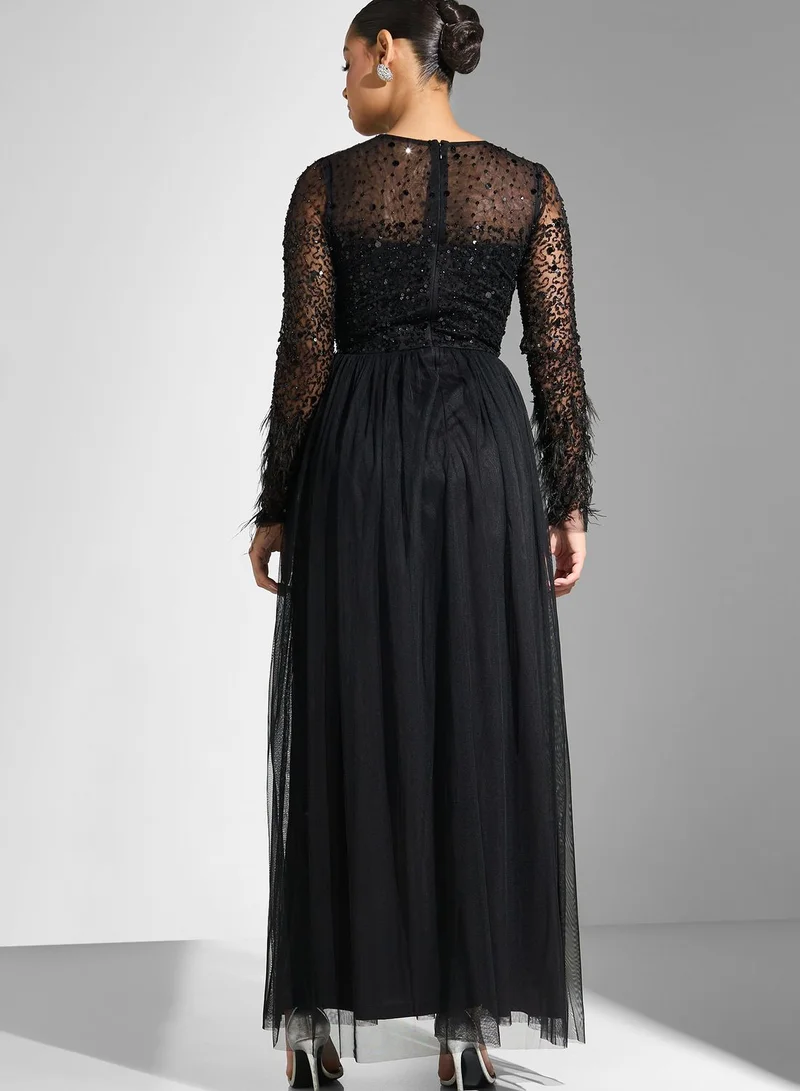 Amelia Rose Fringe Sleeve Tiered Mesh Dress