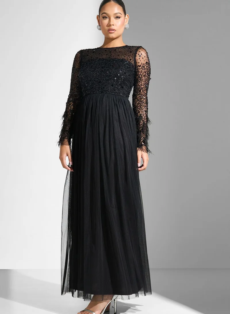 Amelia Rose Fringe Sleeve Tiered Mesh Dress