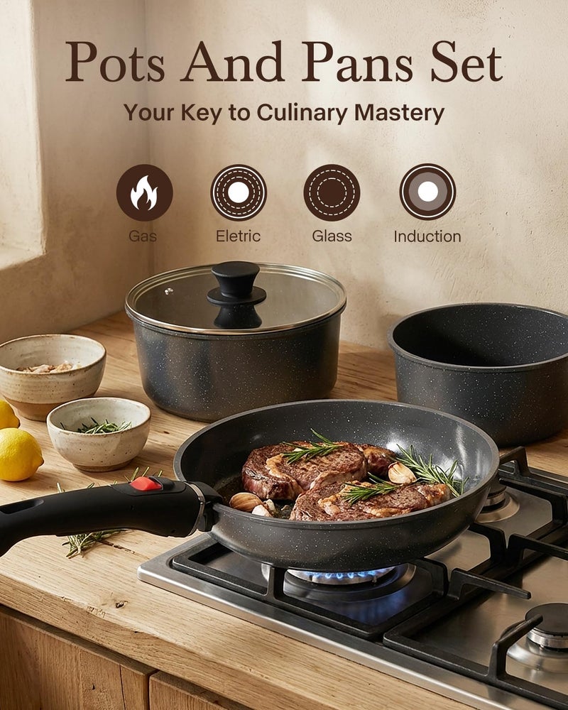 USELUCK 21Pcs Ceramic Pots and Pans Set Non Stick, Kitchen Cookware Set with Detachable Handles, Non Toxic Healthy Cooking Set, Induction Dishwasher Oven Safe, PTFE PFOA PFOS Free, Black - Image 5