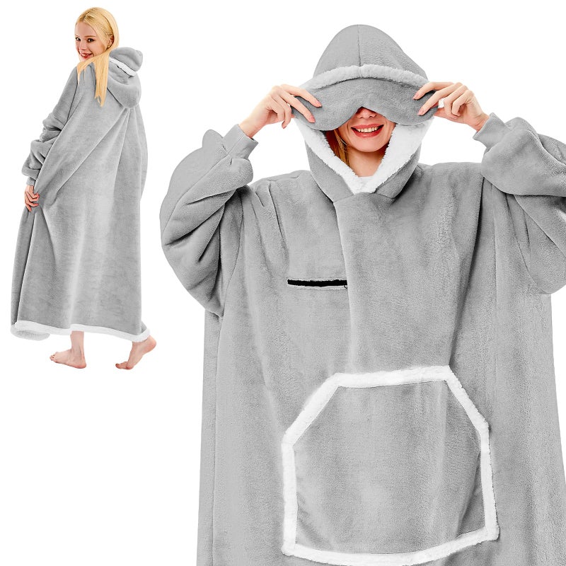 IFNOW Wearable Blanket Hoodie,Oversized Sherpa Hooded Blanket Sweatshirt with Eye Mask and Pocket,Cozy Flannel Blanket with Sleeves for Adult,Birthday Christmas Gifts for Women Mom Girlfriend,Grey - Image 1