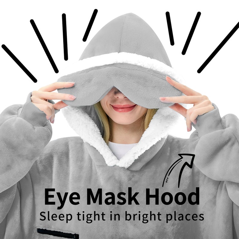 IFNOW Wearable Blanket Hoodie,Oversized Sherpa Hooded Blanket Sweatshirt with Eye Mask and Pocket,Cozy Flannel Blanket with Sleeves for Adult,Birthday Christmas Gifts for Women Mom Girlfriend,Grey - Image 2