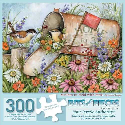 Bits and Pieces 300 Piece Puzzles for Adults Mailbox in Field with Birds 300 Large Pieces 18 x 24 Jigsaw Puzzles Country Rustic Flowers No 2 Pieces Alike - Image 1