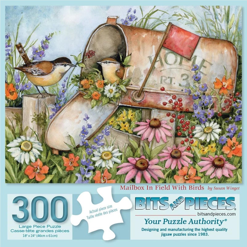 Bits and Pieces 300 Piece Puzzles for Adults Mailbox in Field with Birds 300 Large Pieces 18 x 24 Jigsaw Puzzles Country Rustic Flowers No 2 Pieces Alike - Image 3