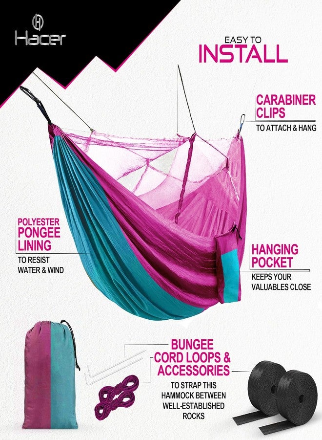 HACER Portable Outdoor Camping Hammock with Mosquito Net & Carabiner Nylon Windproof Hanging Swing for Hiking Backpacking (Sky Blue & Pink) - Image 3