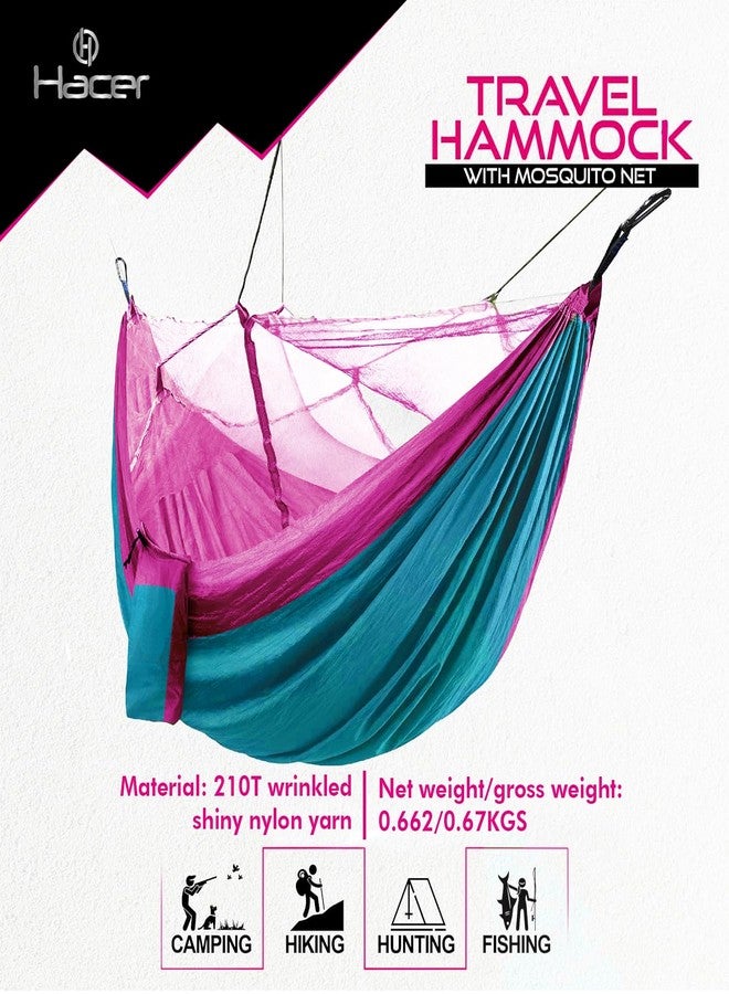 HACER Portable Outdoor Camping Hammock with Mosquito Net & Carabiner Nylon Windproof Hanging Swing for Hiking Backpacking (Sky Blue & Pink) - Image 2