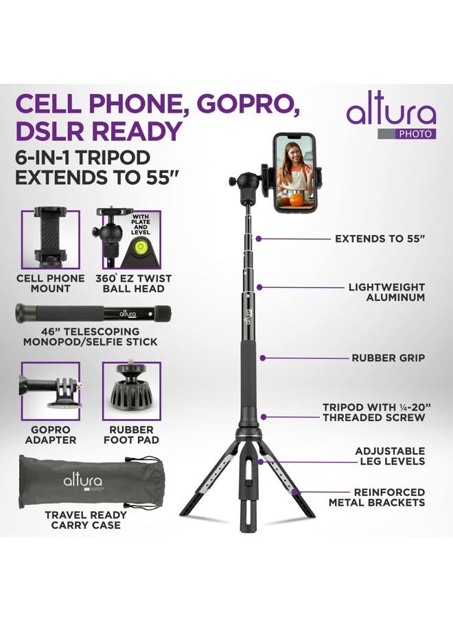 Altura Photo Phone Tripod 55" - Works as GoPro Selfie Stick & Camera Monopod - Cellphone & iPhone Stand with 360 Rotating Head and Carrying Case, Great for Travel  - Image 2