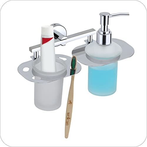 KANJAL Premium Wall-Mounted Stainless Steel Chrome Finish Bathroom Organizer Dual Tumbler Holder & Liquid Soap Dispenser Pump Anti-Rust Toothbrush & Toothpaste 2-in-1 Bathroom Accessory Set - Image 2