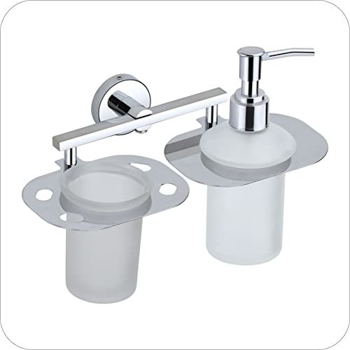 KANJAL Premium Wall-Mounted Stainless Steel Chrome Finish Bathroom Organizer Dual Tumbler Holder & Liquid Soap Dispenser Pump Anti-Rust Toothbrush & Toothpaste 2-in-1 Bathroom Accessory Set - Image 4