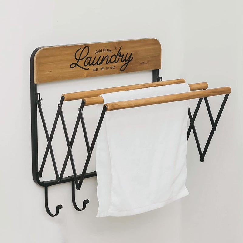 SOFFEE DESIGN Accordion Laundry Rack Retractable Wall Mounted Racks 3 Bars  5 Hooks for Drying Rack Hanging Towels Clothes Save Space Perfect for Laundry Room Bathroom Mudroom Wall Decor
