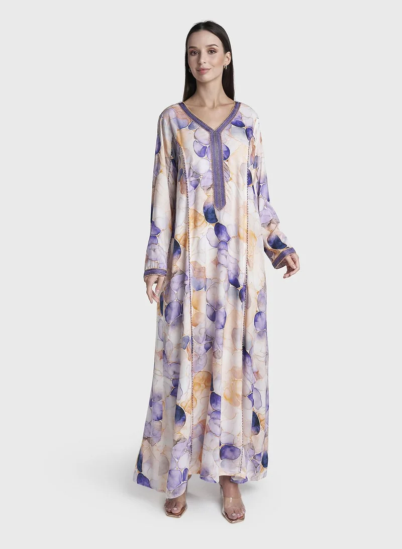 كشخة Multi Colour Lace Work Rayon Abstract Printed Jalabiya (VG3225)