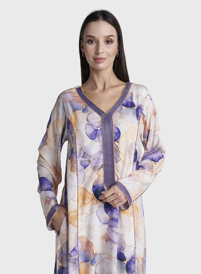 كشخة Multi Colour Lace Work Rayon Abstract Printed Jalabiya (VG3225)