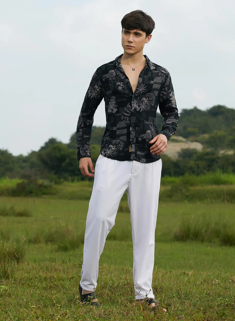 Campus Sutra Men's Midnight Black Bloom-Imprint Shirt For Casual Wear | Spread Collar | Long Cuffed Sleeves | Button Closure | Shirt Crafted With Comfort Fit For Everyday Wear
