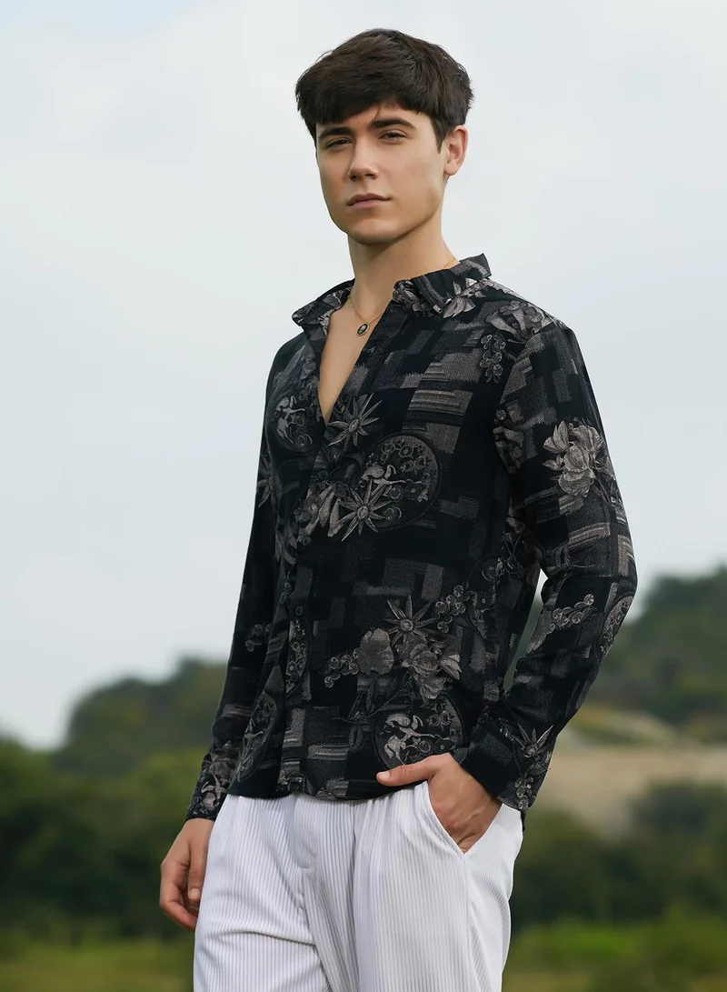 Campus Sutra Men's Midnight Black Bloom-Imprint Shirt For Casual Wear | Spread Collar | Long Cuffed Sleeves | Button Closure | Shirt Crafted With Comfort Fit For Everyday Wear