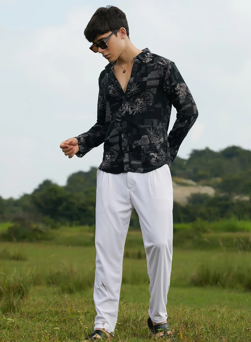 Campus Sutra Men's Midnight Black Bloom-Imprint Shirt For Casual Wear | Spread Collar | Long Cuffed Sleeves | Button Closure | Shirt Crafted With Comfort Fit For Everyday Wear
