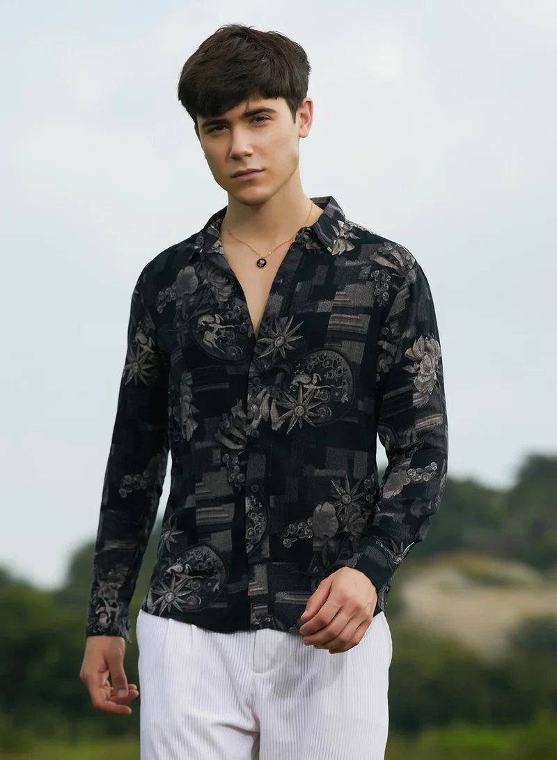 كامبوس سوترا Men's Midnight Black Bloom-Imprint Shirt For Casual Wear | Spread Collar | Long Cuffed Sleeves | Button Closure | Shirt Crafted With Comfort Fit For Everyday Wear