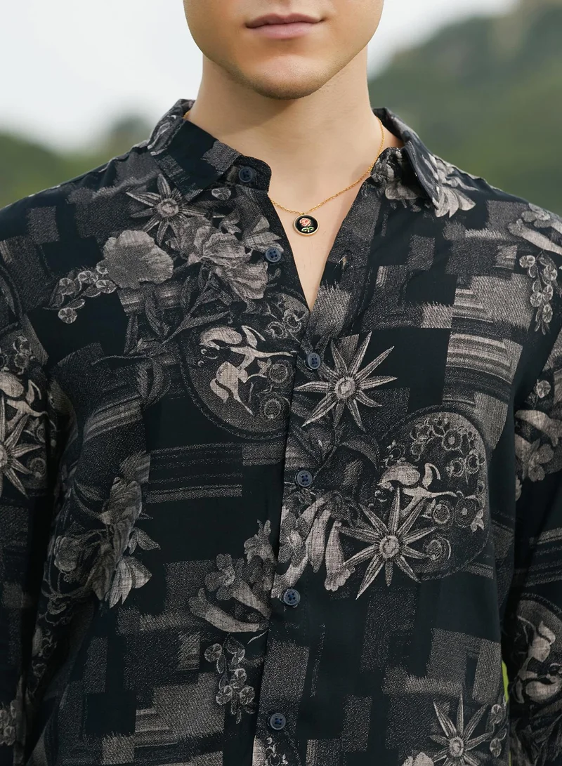 Campus Sutra Men's Midnight Black Bloom-Imprint Shirt For Casual Wear | Spread Collar | Long Cuffed Sleeves | Button Closure | Shirt Crafted With Comfort Fit For Everyday Wear