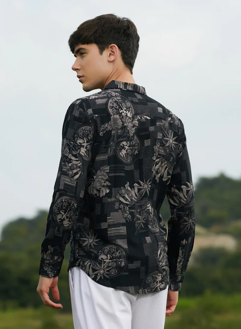 Campus Sutra Men's Midnight Black Bloom-Imprint Shirt For Casual Wear | Spread Collar | Long Cuffed Sleeves | Button Closure | Shirt Crafted With Comfort Fit For Everyday Wear