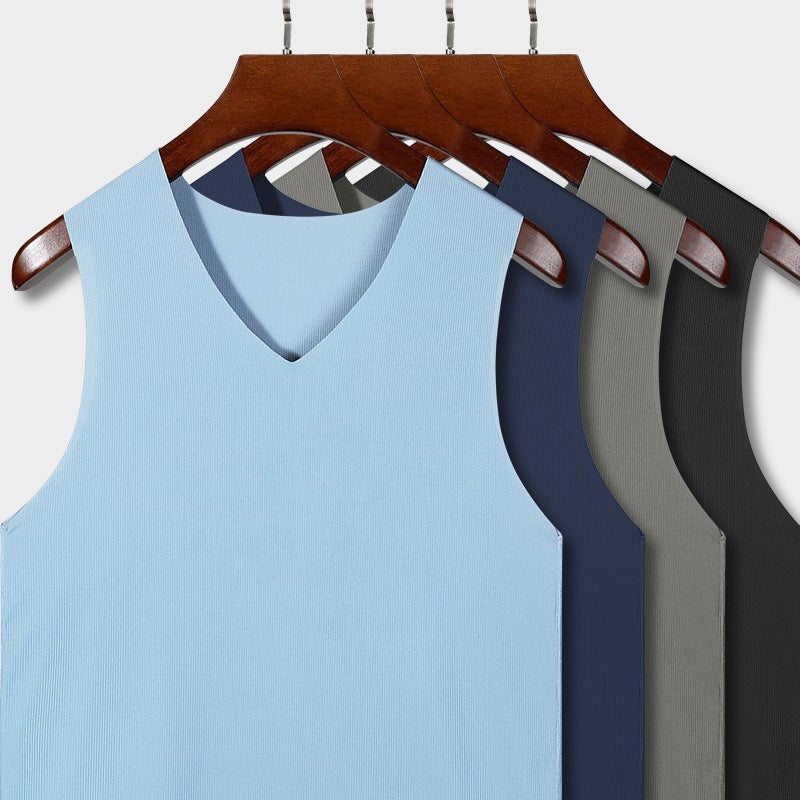 Mens Ice Silk Traceless Vest Wear Summer Thin Solid Color Base plus size Wide Shoulder Fitness Quick-drying Sweater for Boys Sapphire Blue  - Image 3