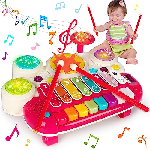 AugToy 3 in 1 Musical Toys for Toddlers 13 Piano Xylophone Drum Set Toys for 1 2 3 Year Old Girls Birthday Music Instruments Baby Learning Developmental Sensory Toys Toddler Toys Age 12 23 - Image 1