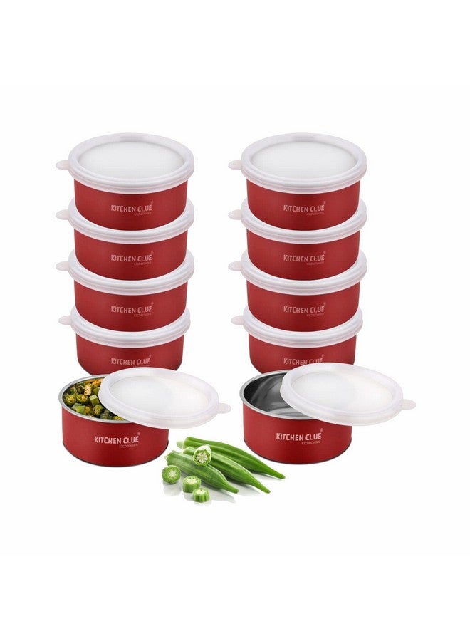 KITCHEN CLUE Stainless Steel Microwave Safe Lunch Containers For Kitchen I Red Set Of 10 Pcs, 300 ML I Steel Lunch Box For Office School I Kitchen Storage Bowls I AIRTIGHT & LEAK-PROOF (SET OF 10 PCS) - Image 1