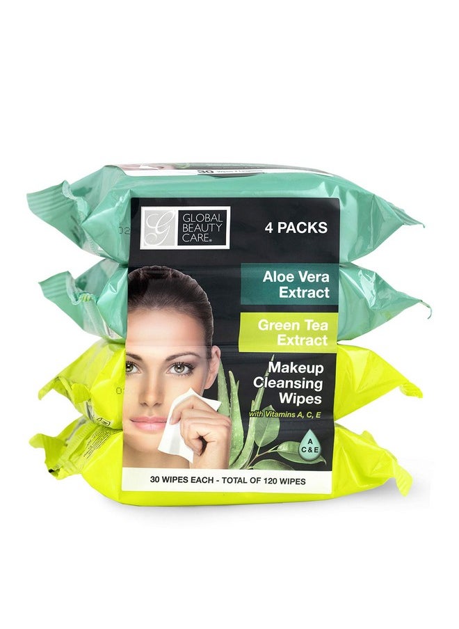 Global Beauty Care - Global Beauty Care Cleansing Makeup Removal Cloth Wipes Bulk - Great for travel toiletries - 120 Count (4-Pack) (Aloe Vera & Green Tea) - Image 1