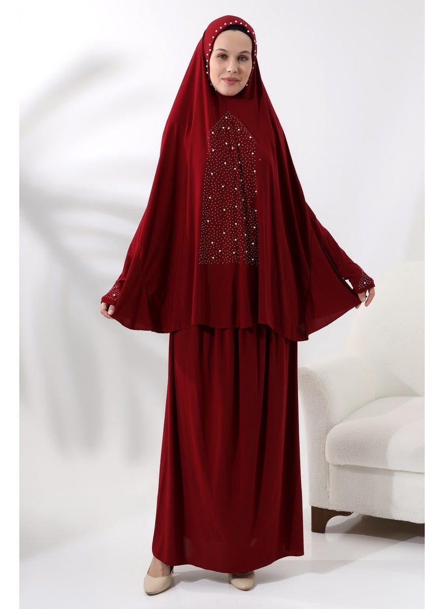 İhvan Ihvan Two Piece Prayer Dress with Pearls and Stones, Top and Bottom Practical Dress 8017 Claret Red  - Image 1