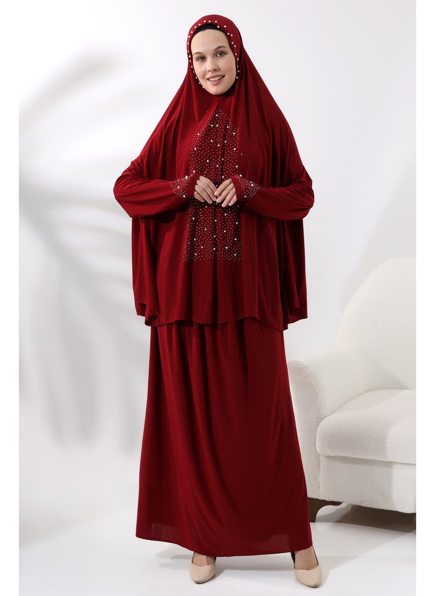İhvan Ihvan Two Piece Prayer Dress with Pearls and Stones, Top and Bottom Practical Dress 8017 Claret Red  - Image 3