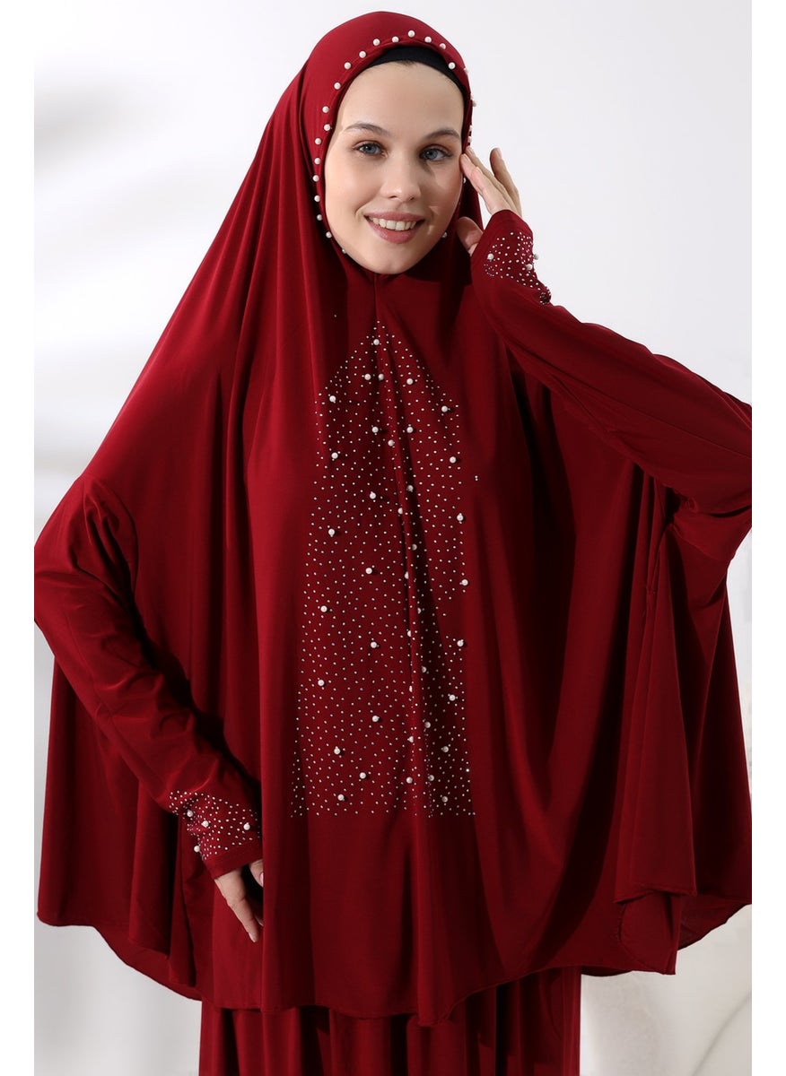 İhvan Ihvan Two Piece Prayer Dress with Pearls and Stones, Top and Bottom Practical Dress 8017 Claret Red  - Image 4