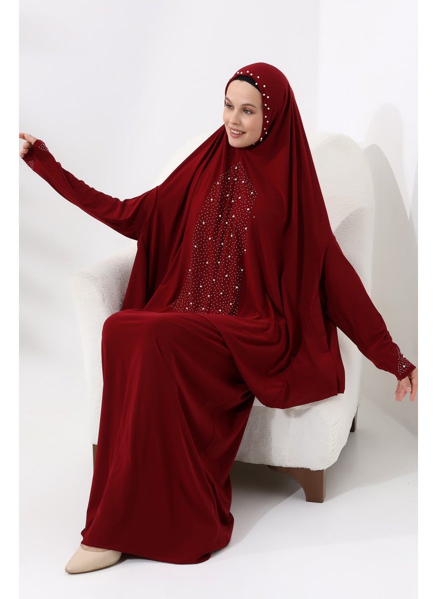İhvan Ihvan Two Piece Prayer Dress with Pearls and Stones, Top and Bottom Practical Dress 8017 Claret Red  - Image 5