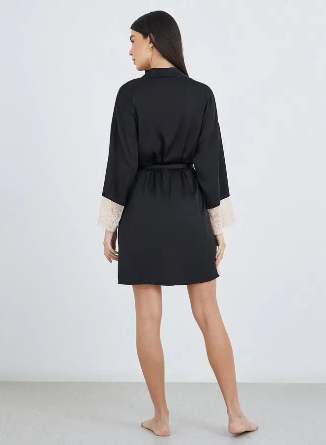 Styli Styli Contrast Lace Insert Satin Slip Dress with Robe Set