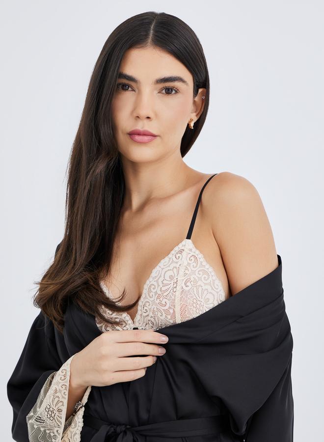 Styli Contrast Lace Insert Satin Slip Dress with Robe Set - Image 5