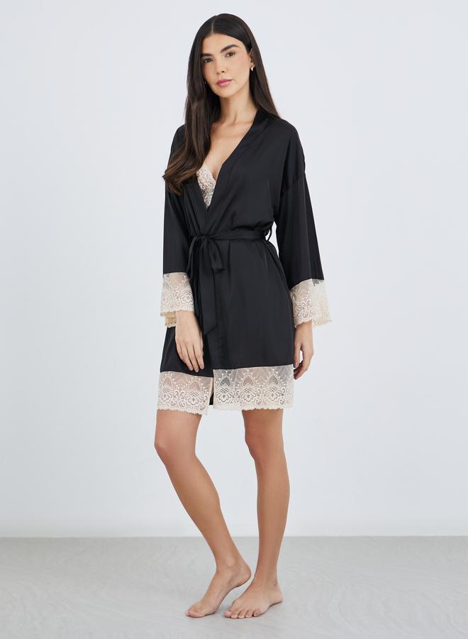 Styli Contrast Lace Insert Satin Slip Dress with Robe Set - Image 2