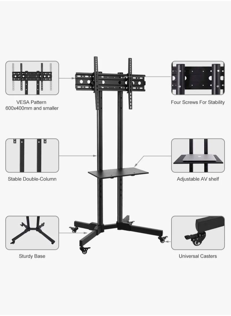 Mobile TV Stand with Height Adjustable Bracket and Lockable Wheels for 32-70" Flat and Curved Screens, Maximum Weight 50KG, Removable Shelf for A/V Equipment and Laptops, Black - pzsku/Z1311D55132E51FE265FDZ/45/_/1716967186/f57ac8bf-f242-47b5-bf30-ede247307598