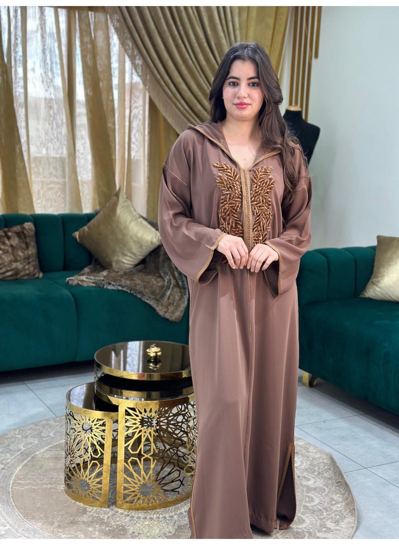 Al Merrakchiya Women’s Djellaba – Long Moroccan Kaftan | Traditional Kabylen Style Arabic Dress | Comfortable Soft Crepe Fabric | Long Sleeve Jalabiya For Womens-Brown-DD3 - Image 2