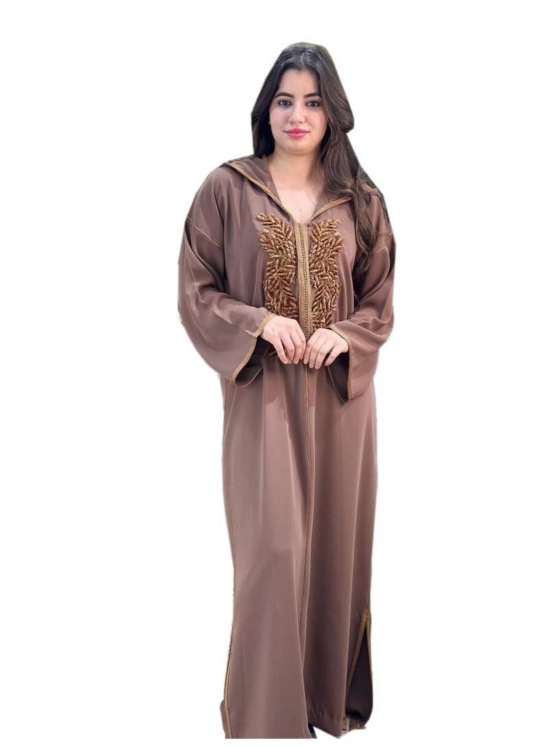 Al Merrakchiya Women’s Djellaba – Long Moroccan Kaftan | Traditional Kabylen Style Arabic Dress | Comfortable Soft Crepe Fabric | Long Sleeve Jalabiya For Womens-Brown-DD3 - Image 1