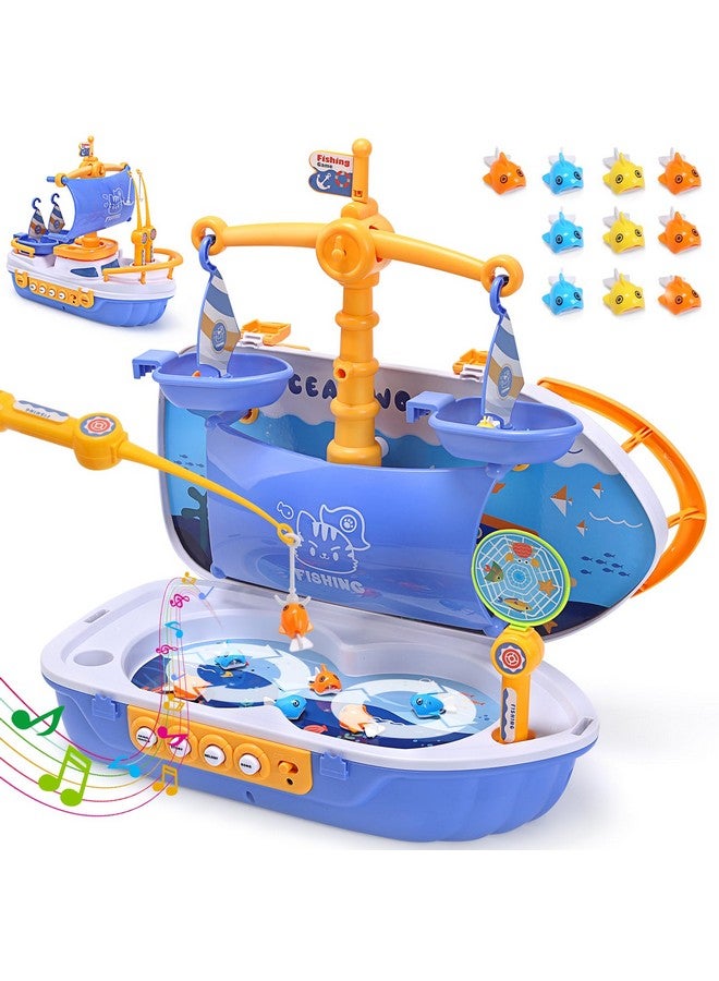 Cute Stone 3-In-1 Toy Boat, Ship Toy Fishing Game, Magnetic Fishing Toys With 10 Fish, 2 Toy Fishing Poles, Electronic Playset With Fishing Pond, Educational Gift With Music For Kids Boys Girls - Image 1