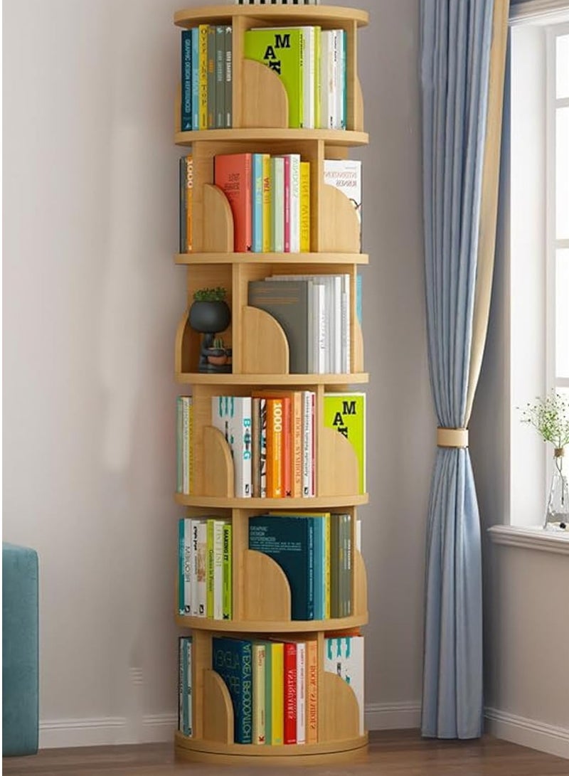 مونوج رف كتب دوار مكون من 6 طبقات، يدور 360 درجة، رف عرض لتخزين الكتب، خزانة كتب قائمة، لمسة نهائية من الخشب، تصميم عصري  - Image 1