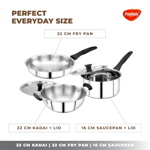 Praylady Stainless Steel Cookware Set | Triply Base| Sandwich Bottom 5 Pc Combo – 22cm Kadai, 22cm Fry Pan, 16cm Saucepan with Lid | Even Heat | Induction & Gas Compatible | Tight-Fit Lids - Image 2