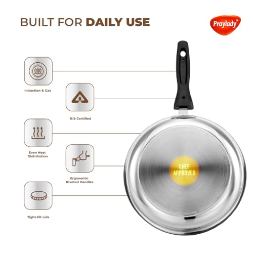 Praylady Stainless Steel Cookware Set | Triply Base| Sandwich Bottom 5 Pc Combo – 22cm Kadai, 22cm Fry Pan, 16cm Saucepan with Lid | Even Heat | Induction & Gas Compatible | Tight-Fit Lids - Image 5