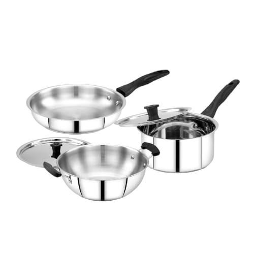 Praylady Stainless Steel Cookware Set | Triply Base| Sandwich Bottom 5 Pc Combo – 22cm Kadai, 22cm Fry Pan, 16cm Saucepan with Lid | Even Heat | Induction & Gas Compatible | Tight-Fit Lids - Image 1