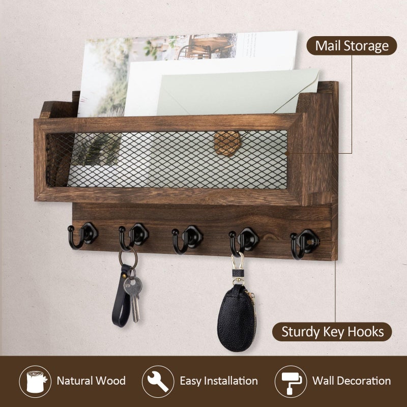 Nekon Mail and Key Holder for Wall Decorative, 11 Inch Wooden Wall Key Organizer with 5 Key Hooks, Wall Mount Storage Shelf for Entryway Hallway (Brown) - Image 3