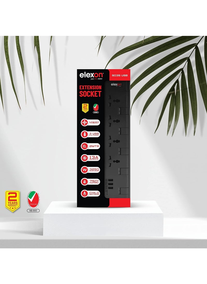 elexon 4 Way Power Extension With 3 Usb Ports 2 Meter  - Image 3