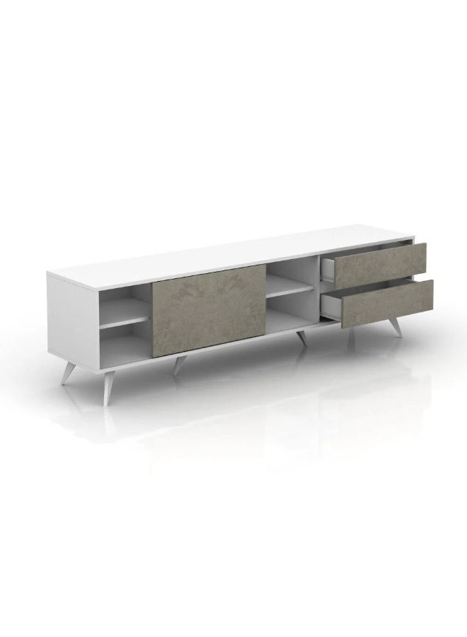 Baity Modern TV Stand with 2 Drawers and 2 Open Shelves, Engineered Wood, White and Grey, 179 x 39.5 x 50 cm - Image 3