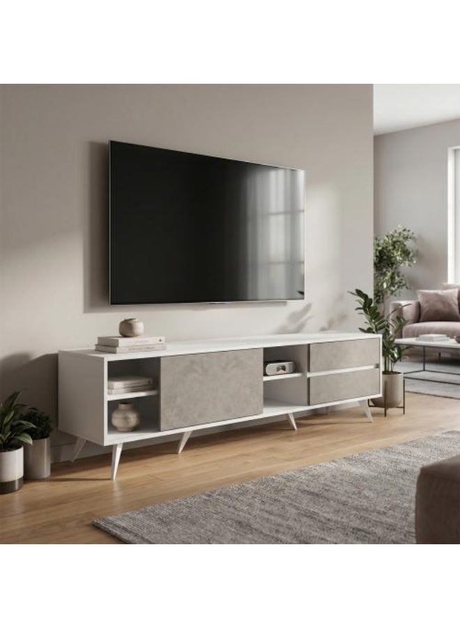Baity Modern TV Stand with 2 Drawers and 2 Open Shelves, Engineered Wood, White and Grey, 179 x 39.5 x 50 cm - Image 1