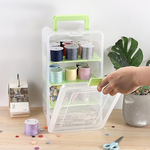 BTSKY Clear Plastic Dividing Storage Box with 4 Deep Compartments Adjustable Storage Bin with Lid Portable Craft Container Multipurpose Sewing Box Art Supply Organizer, 13.9x7.9x6.2 Inches, Green - Image 2