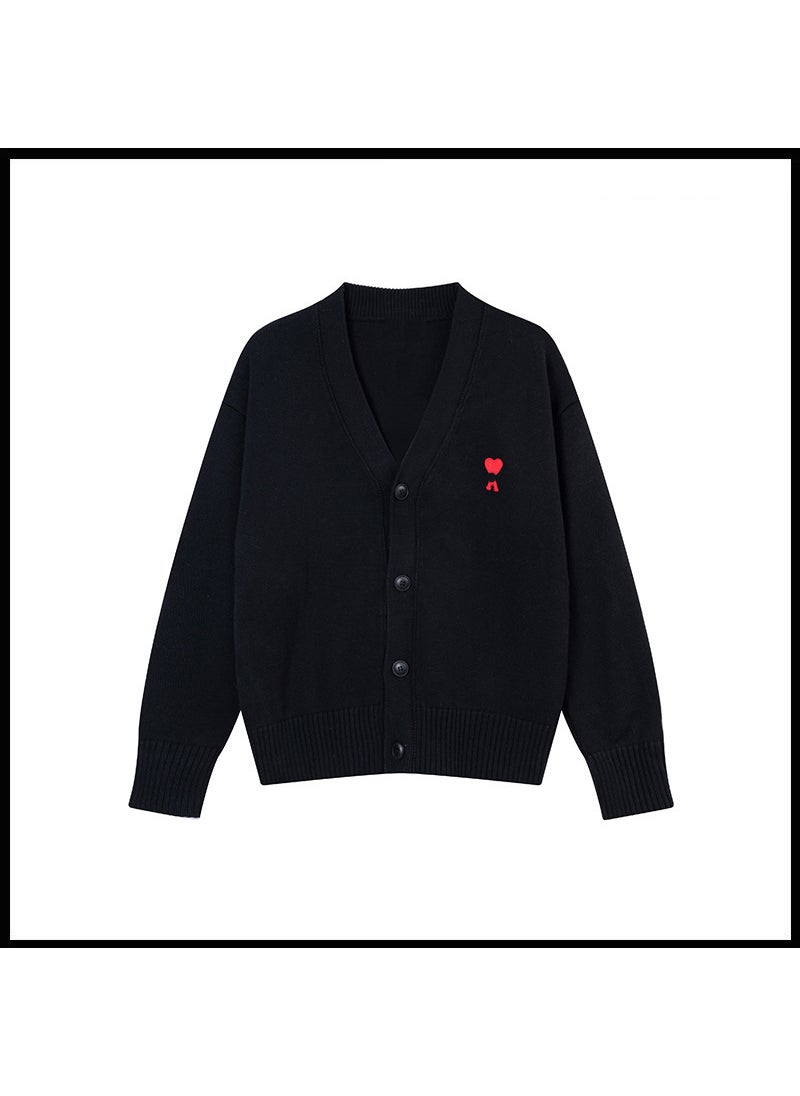 Generic - Trendy Brand Love Knit Cardigan Oversized V-Neck Sweater Black [a8116 cotton yarn style] - Image 1