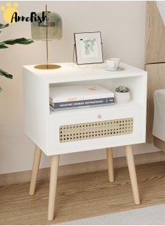 AnneFish 45*35*60cm Rattan Nightstand with Drawer Home Bedside Table 2-Tier Modern Nightstands End Coffee Table with Open Storage Shelf for Bedrooms  - Image 2