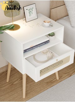 AnneFish 45*35*60cm Rattan Nightstand with Drawer Home Bedside Table 2-Tier Modern Nightstands End Coffee Table with Open Storage Shelf for Bedrooms  - Image 3