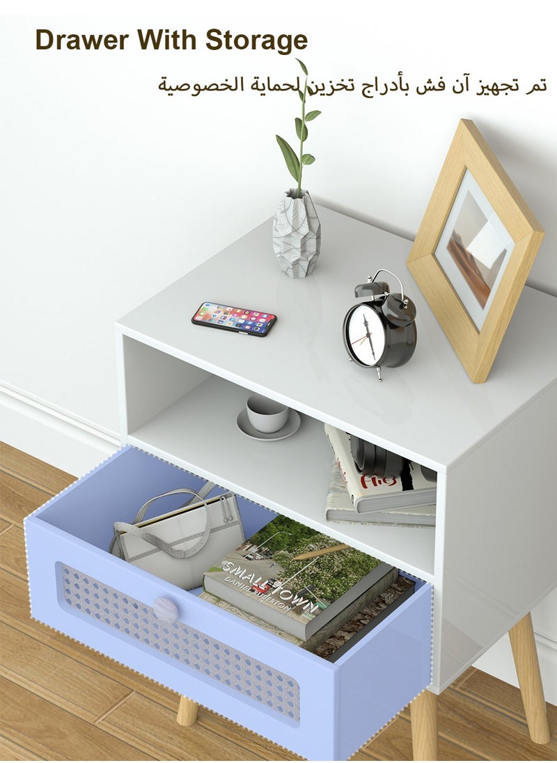 45*35*60cm Rattan Nightstand with Drawer Home Bedside Table 2-Tier Modern Nightstands End Coffee Table with Open Storage Shelf for Bedrooms