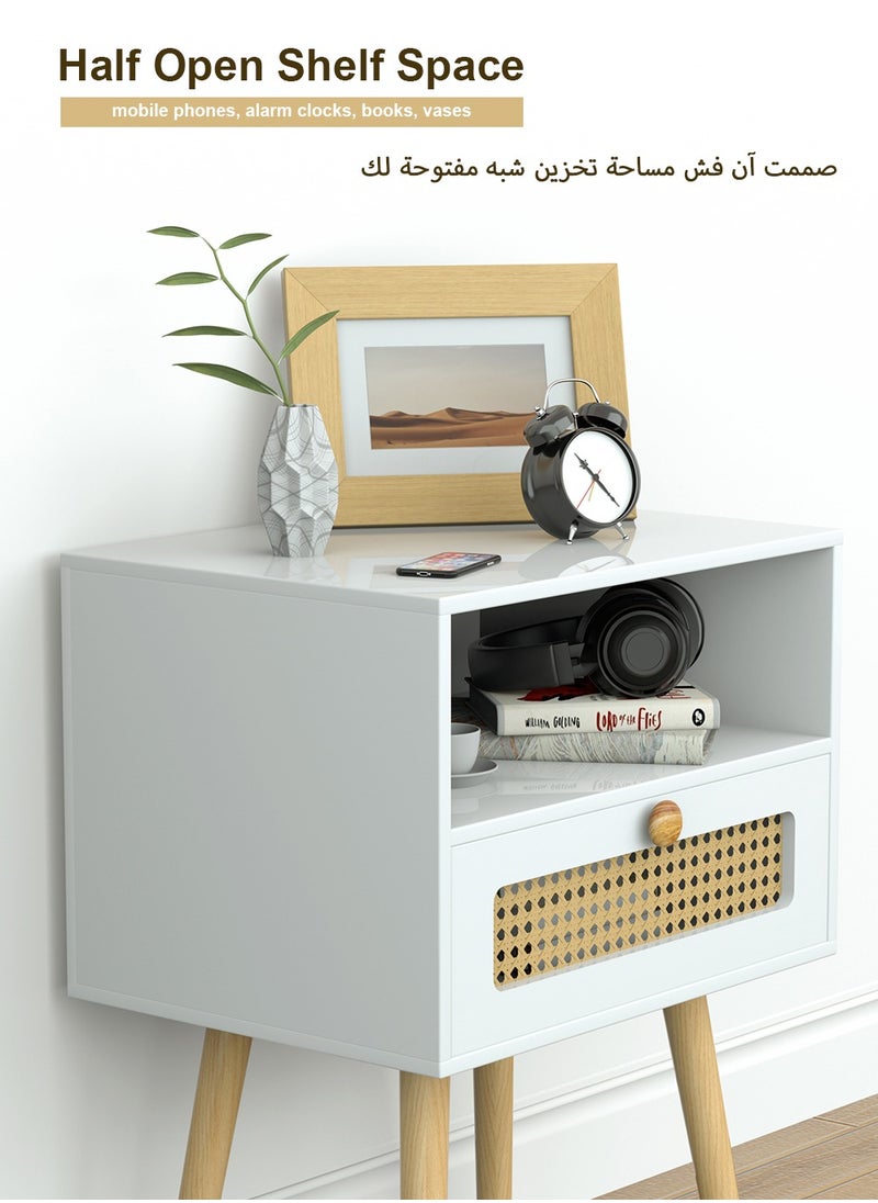 45*35*60cm Rattan Nightstand with Drawer Home Bedside Table 2-Tier Modern Nightstands End Coffee Table with Open Storage Shelf for Bedrooms